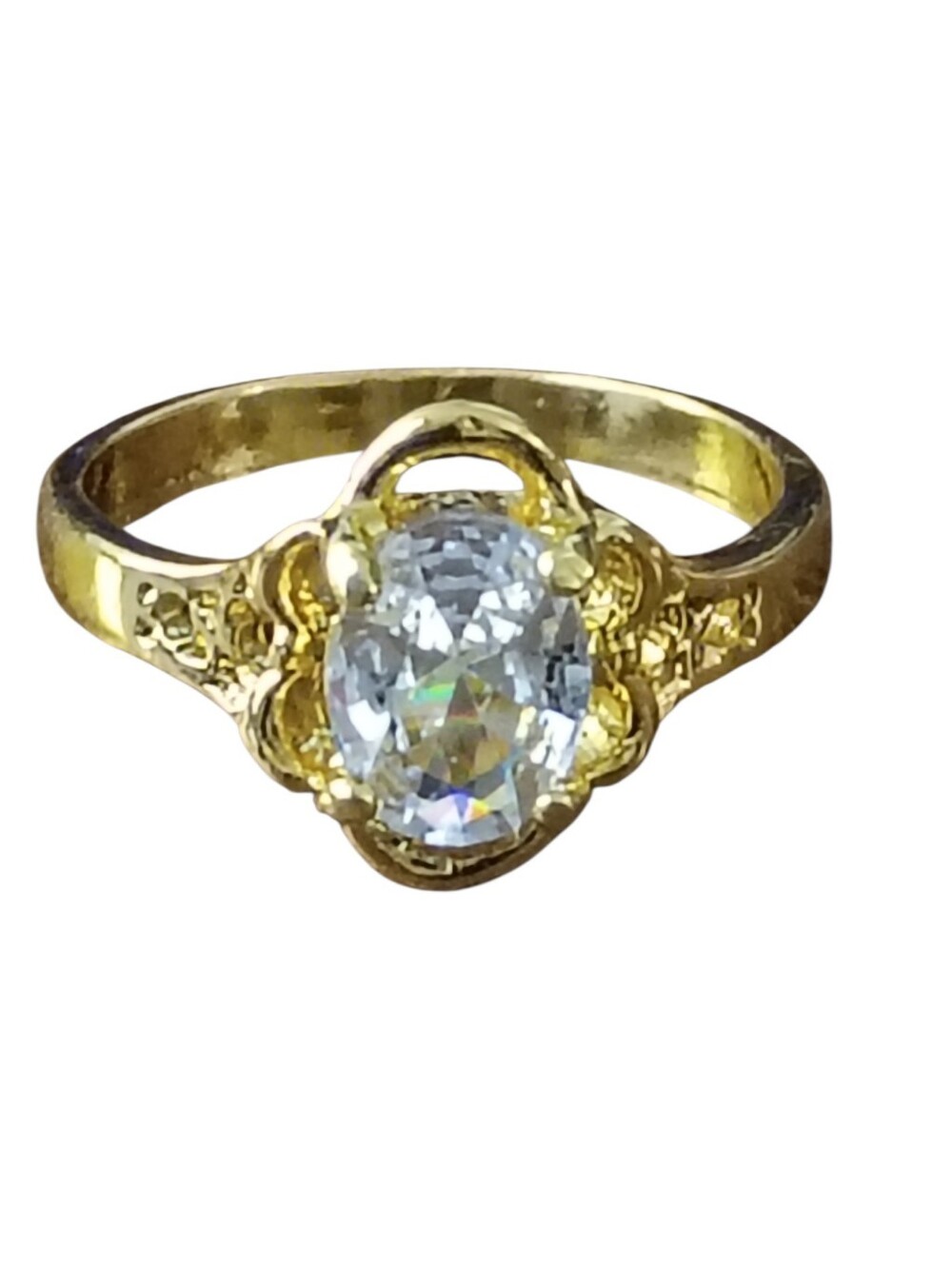 Gold-Plated Oval Clear Stone Scalloped Ring - Women Jewelry